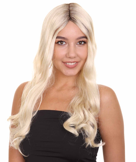 Nunique Adult Women's 22" In. Make Up Artist Princess Wig - Long Length Wavy Blonde Hair With Dark Roots