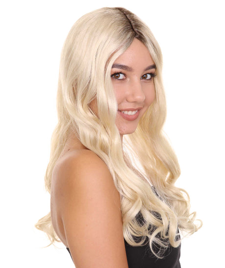 Nunique Adult Women's 22" In. Make Up Artist Princess Wig - Long Length Wavy Blonde Hair With Dark Roots