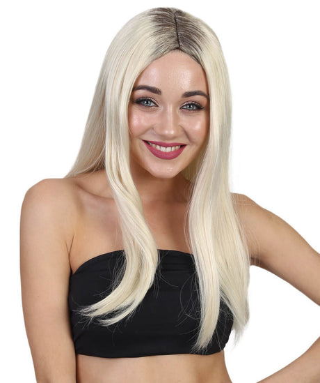 Ivana Long Platinum Blonde Center Part with Dark Roots - Halloween Wigs | HPO