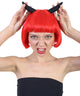 Women's Neon Red Bob Wig with Black Devil Horns and Bangs