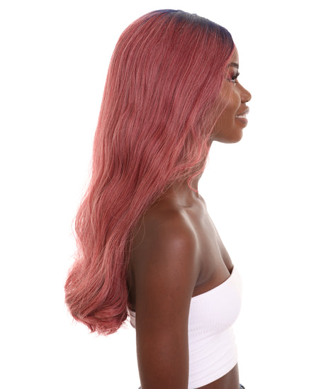 Seraphina Adult Women's 23" In. Hair Stylist Inspired Wig - Long Length Red Hair with Dark Blue Roots - Lace Front Heat Resistant Fibers