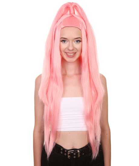Nunique Adult Women's 31" In. Pop Dance Electronic Wig - Extra Long Length Electric Pink Hair With Updo Pony Tail