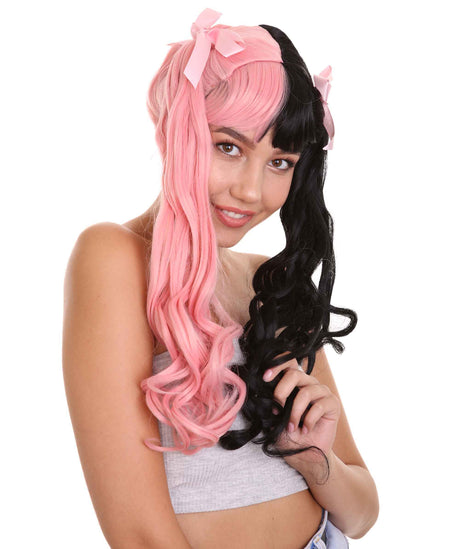 Lace Split Dye Pigtails in Light Pink and black with Pink Ribbons - Adult Fashion Wig | Nunique