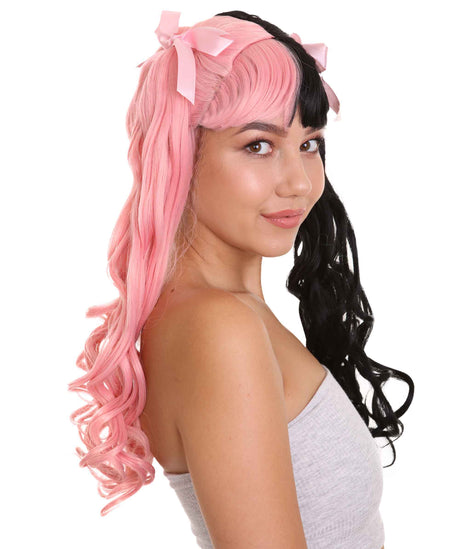 Lace Split Dye Pigtails in Light Pink and black with Pink Ribbons - Adult Fashion Wig | Nunique