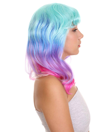 Nunique Adult Women's 18" In. Calm Down and Bisexual Pride Artist Wig - Shoulder Length Multi Color Pink Purple and Blue Hair