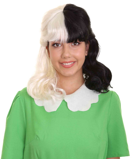 Nunique Adult Women's 16" In. Two Tone Contrasting Cruel and Evil Artist Wig - Short Length Two Tone Pure White and Jet Black Hair