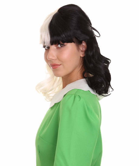 Nunique Adult Women's 16" In. Two Tone Contrasting Cruel and Evil Artist Wig - Short Length Two Tone Pure White and Jet Black Hair