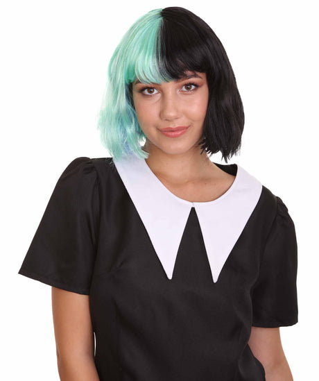 Nunique Adult Women's 10" In. Two Tone Contrasting Zombie Bride Artist Wig - Short Length Two Tone Mint Green and Jet Black Hair