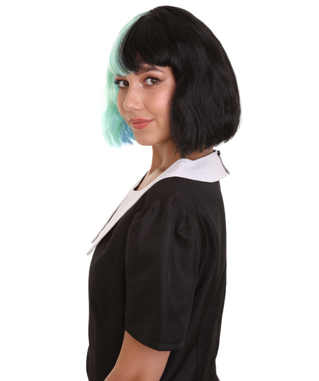 Nunique Adult Women's 10" In. Two Tone Contrasting Zombie Bride Artist Wig - Short Length Two Tone Mint Green and Jet Black Hair
