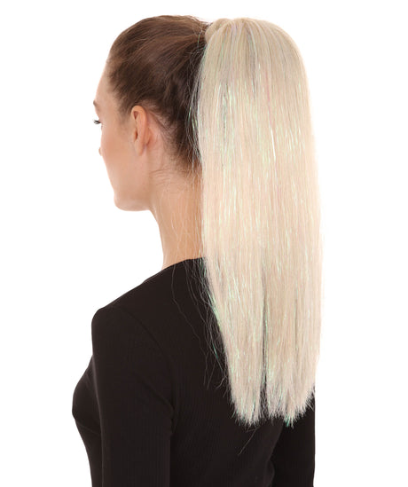 Nunique Adult Women's 16" In. High End Tinsel Ponytail - Shoulder Length Platinum Blonde and Rainbow Tinsel Hair