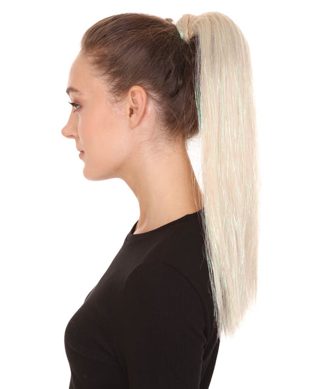 Nunique Adult Women's 16" In. High End Tinsel Ponytail - Shoulder Length Platinum Blonde and Rainbow Tinsel Hair