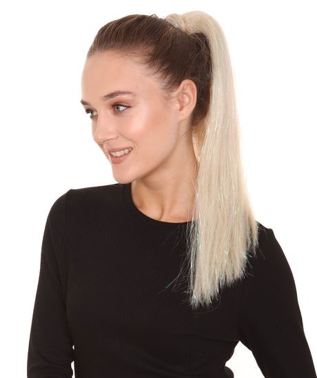 Nunique Adult Women's 16" In. High End Tinsel Ponytail - Shoulder Length Platinum Blonde and Rainbow Tinsel Hair