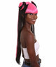 HPO Adult Women's half up Side Buns Wig - Long Length Black with Pink highlights