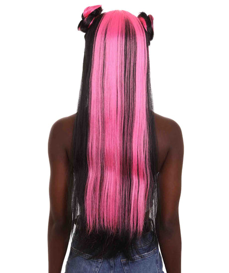 HPO Adult Women's half up Side Buns Wig - Long Length Black with Pink highlights