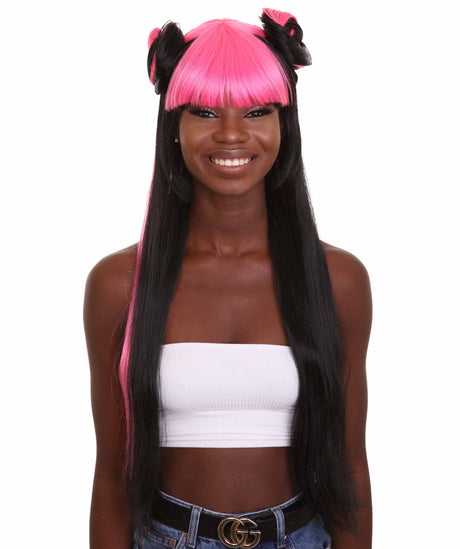 HPO Adult Women s half up Side Buns Wig Long Length Black with Pink highlights