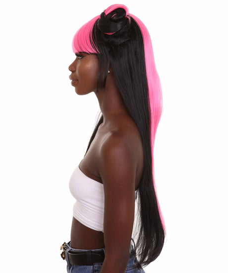 HPO Adult Women's half up Side Buns Wig - Long Length Black with Pink highlights