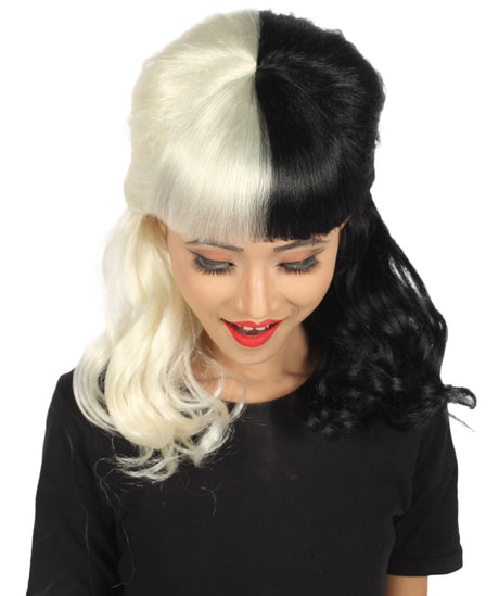 Nunique Adult Women's 16" In. Two Tone Contrasting Cruel and Evil Artist Wig - Short Length Two Tone Pure White and Jet Black Hair