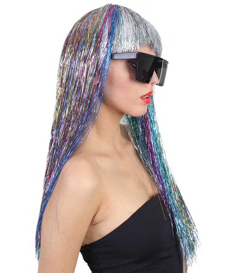 Women's Long Rainbow Tinsel Wig with Silver Bangs - Halloween Wigs | HPO