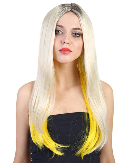 Long Blonde Peekaboo Center Part with Dark Roots - Halloween Wigs | HPO