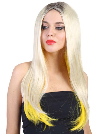 Long Blonde Peekaboo Center Part with Dark Roots - Halloween Wigs | HPO