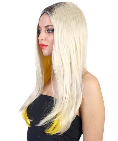 Long Blonde Peekaboo Center Part with Dark Roots - Halloween Wigs | HPO