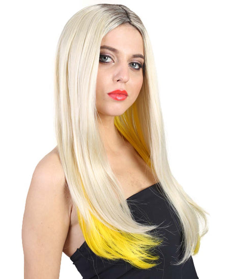 Long Blonde Peekaboo Center Part with Dark Roots - Halloween Wigs | HPO