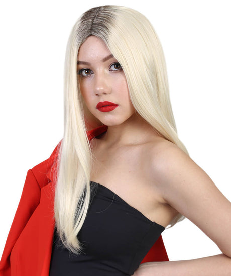 Ivana Long Platinum Blonde Center Part with Dark Roots - Halloween Wigs | HPO