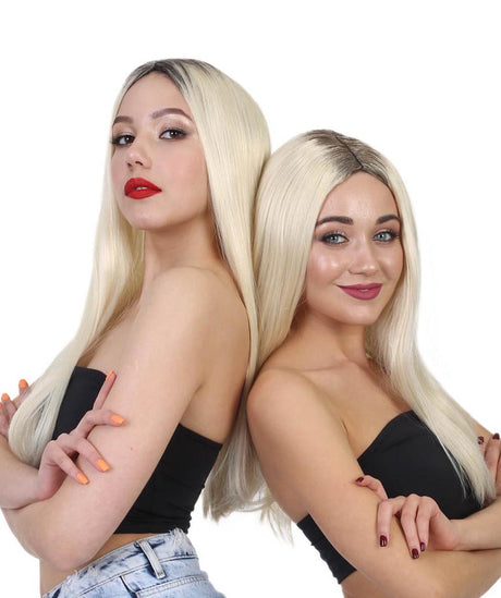 Ivana Long Platinum Blonde Center Part with Dark Roots - Halloween Wigs | HPO
