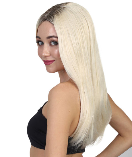 Ivana Long Platinum Blonde Center Part with Dark Roots - Halloween Wigs | HPO