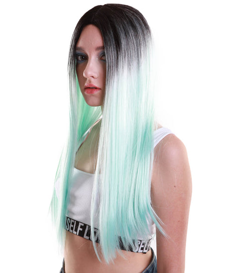 Women TV Movie Character Wig | Black and Light Blue two tone Color Wig - Halloween Wigs | HPO