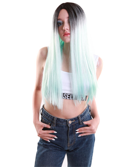 Women TV Movie Character Wig | Black and Light Blue two tone Color Wig - Halloween Wigs | HPO