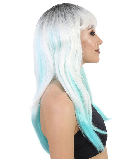 Aqua Long Straight Wig with Dark Roots and Bangs - Adult Fashion Wigs | HPO