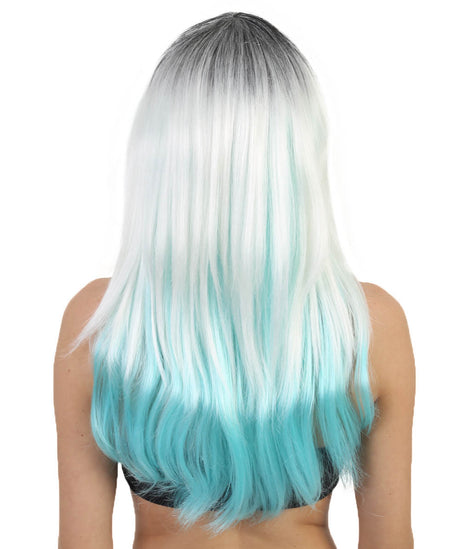 Aqua Long Straight Wig with Dark Roots and Bangs - Adult Fashion Wigs | HPO