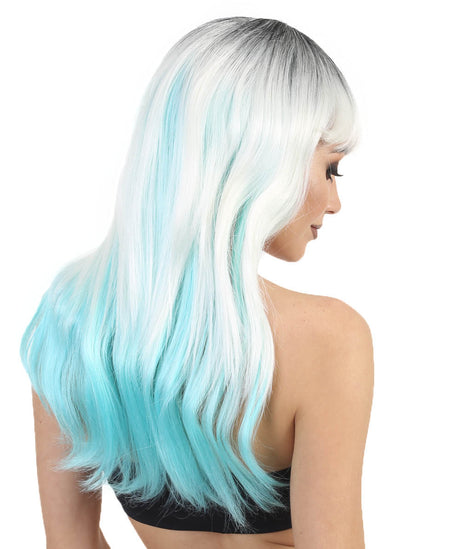 Aqua Long Straight Wig with Dark Roots and Bangs - Adult Fashion Wigs | HPO
