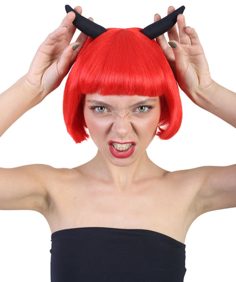 Women's Neon Red Bob Wig with Black Devil Horns and Bangs