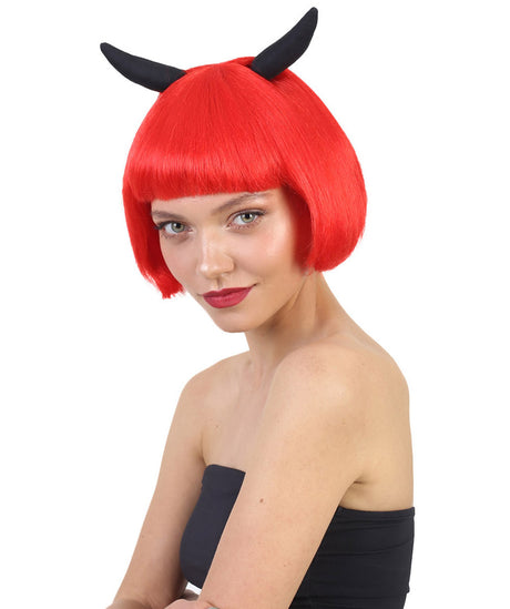 Women's Red Bob Style Wig with Black Devil Horns and Bangs
