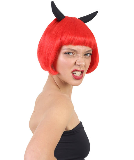 Women's Red Bob Wig with Black Devil Horns and Bangs