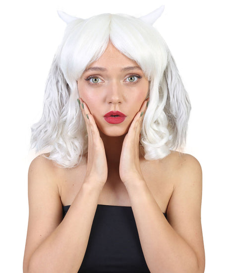 Shoulder Length Bob With Loose Curls, Horns, and Ears - Halloween Wigs | HPO
