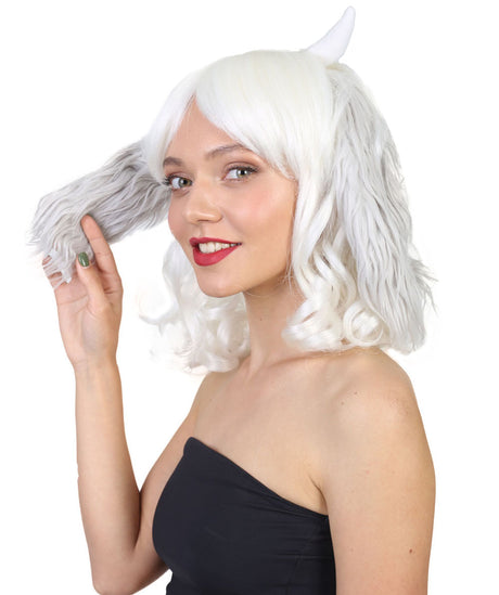 Shoulder Length Bob With Loose Curls, Horns, and Ears - Halloween Wigs | HPO