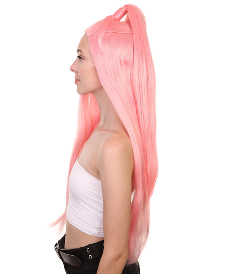 Nunique Adult Women's 31" In. Pop Dance Electronic Wig - Extra Long Length Electric Pink Hair With Updo Pony Tail