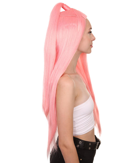 Nunique Adult Women's 31" In. Pop Dance Electronic Wig - Extra Long Length Electric Pink Hair With Updo Pony Tail