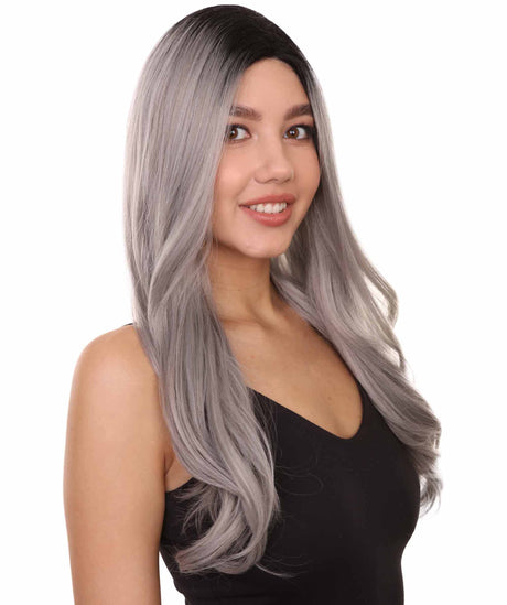 Adult Women's 25" Inch Long Length Straight 360 Lace Front Natural Black Grey Ombre Hairline Beauty Wig, 100% Heat Resistant Fibers, Perfect for your Everyday Wear and Styling to your Expectations! -   Wig,  | NU