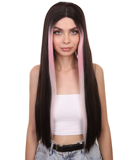 Adult Women's 26" Inch Long Length Straight 360 Lace Front Natural Black Pink Highlight Icon Beauty Wig, 100% Heat Resistant Fibers, Perfect for your Everyday Wear and Styling to your Expectations! -   ,  | NU