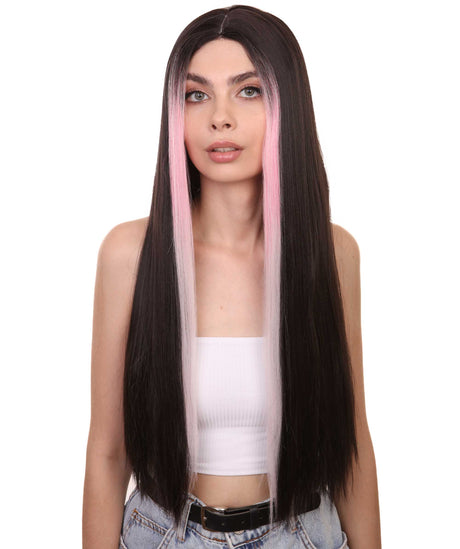 Adult Women's 26" Inch Long Length Straight 360 Lace Front Natural Black Pink Highlight Icon Beauty Wig, 100% Heat Resistant Fibers, Perfect for your Everyday Wear and Styling to your Expectations! -   ,  | NU