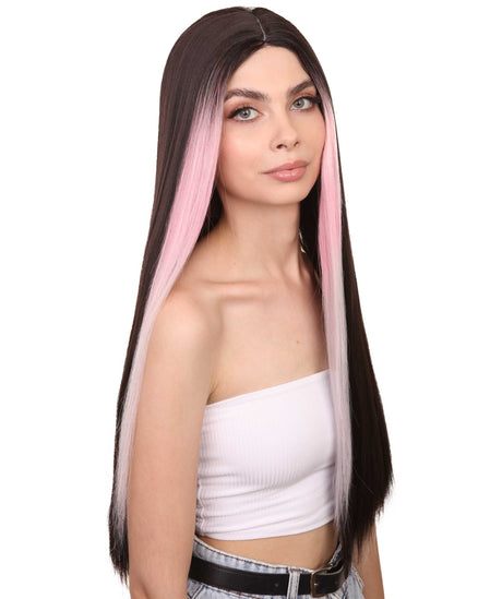 Adult Women's 26" Inch Long Length Straight 360 Lace Front Natural Black Pink Highlight Icon Beauty Wig, 100% Heat Resistant Fibers, Perfect for your Everyday Wear and Styling to your Expectations! -   ,  | NU