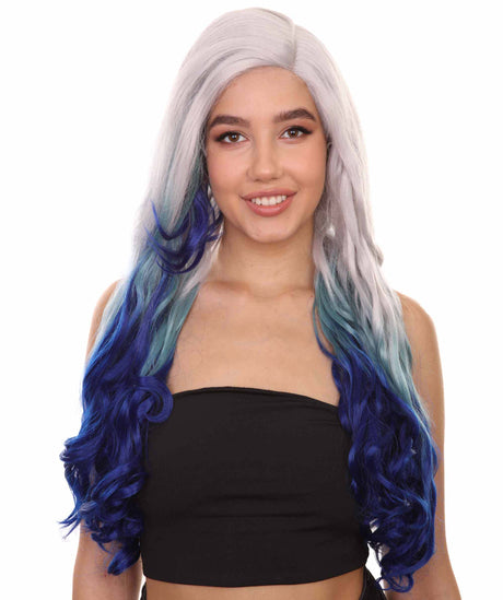 Adult Women's 27" Inch Long Length Wavy C-Part Lace Natural Blue White Ombre Hairline Icon Beauty Wig, 100% Heat Resistant Fibers, Perfect for your Everyday Wear and Styling to your Expectations! -   Wig,  | NU