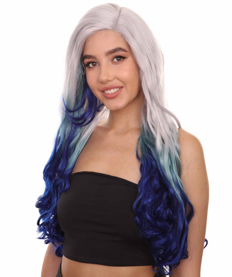 Adult Women's 27" Inch Long Length Wavy C-Part Lace Natural Blue White Ombre Hairline Icon Beauty Wig, 100% Heat Resistant Fibers, Perfect for your Everyday Wear and Styling to your Expectations! -   Wig,  | NU
