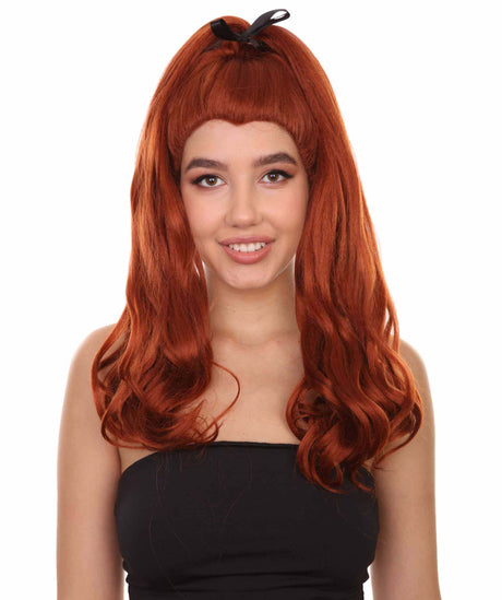 Adult Women's 20" Inch Long Length Wavy 360 Lace Front Natural Red Head Hairline Wig with Black Hair-Bow, 100% Heat Resistant Fibers, Perfect for your Everyday Wear and Styling to your Expectations! -   Wig,  | NU