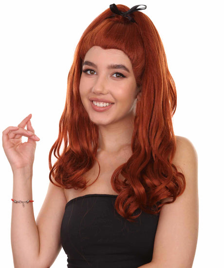 Adult Women's 20" Inch Long Length Wavy 360 Lace Front Natural Red Head Hairline Wig with Black Hair-Bow, 100% Heat Resistant Fibers, Perfect for your Everyday Wear and Styling to your Expectations! -   Wig,  | NU