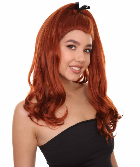 Adult Women's 20" Inch Long Length Wavy 360 Lace Front Natural Red Head Hairline Wig with Black Hair-Bow, 100% Heat Resistant Fibers, Perfect for your Everyday Wear and Styling to your Expectations! -   Wig,  | NU